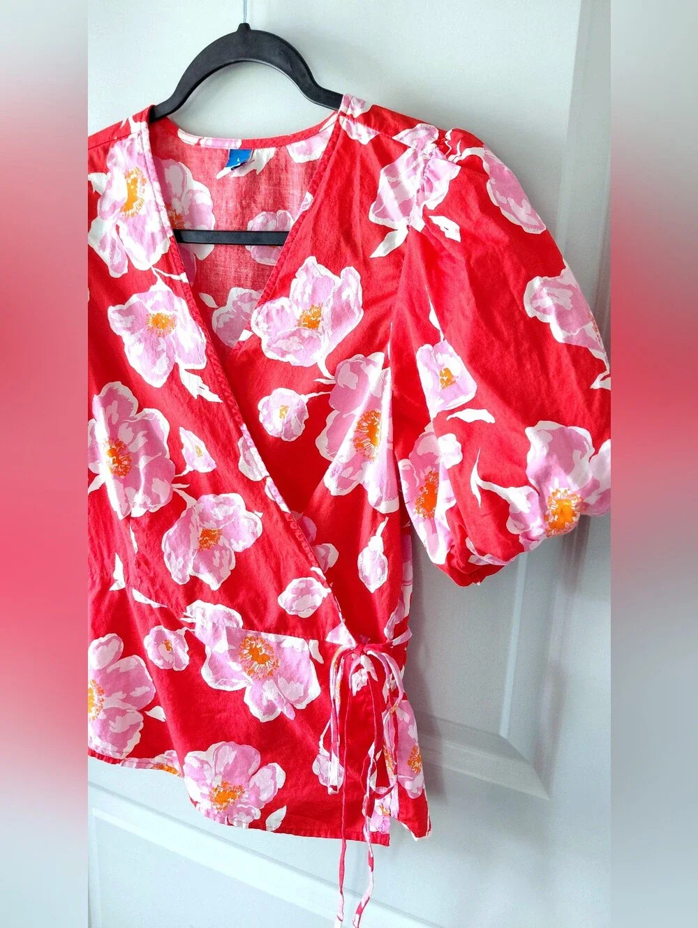 Old Navy Red Floral Wrap Top with Puff Sleeves